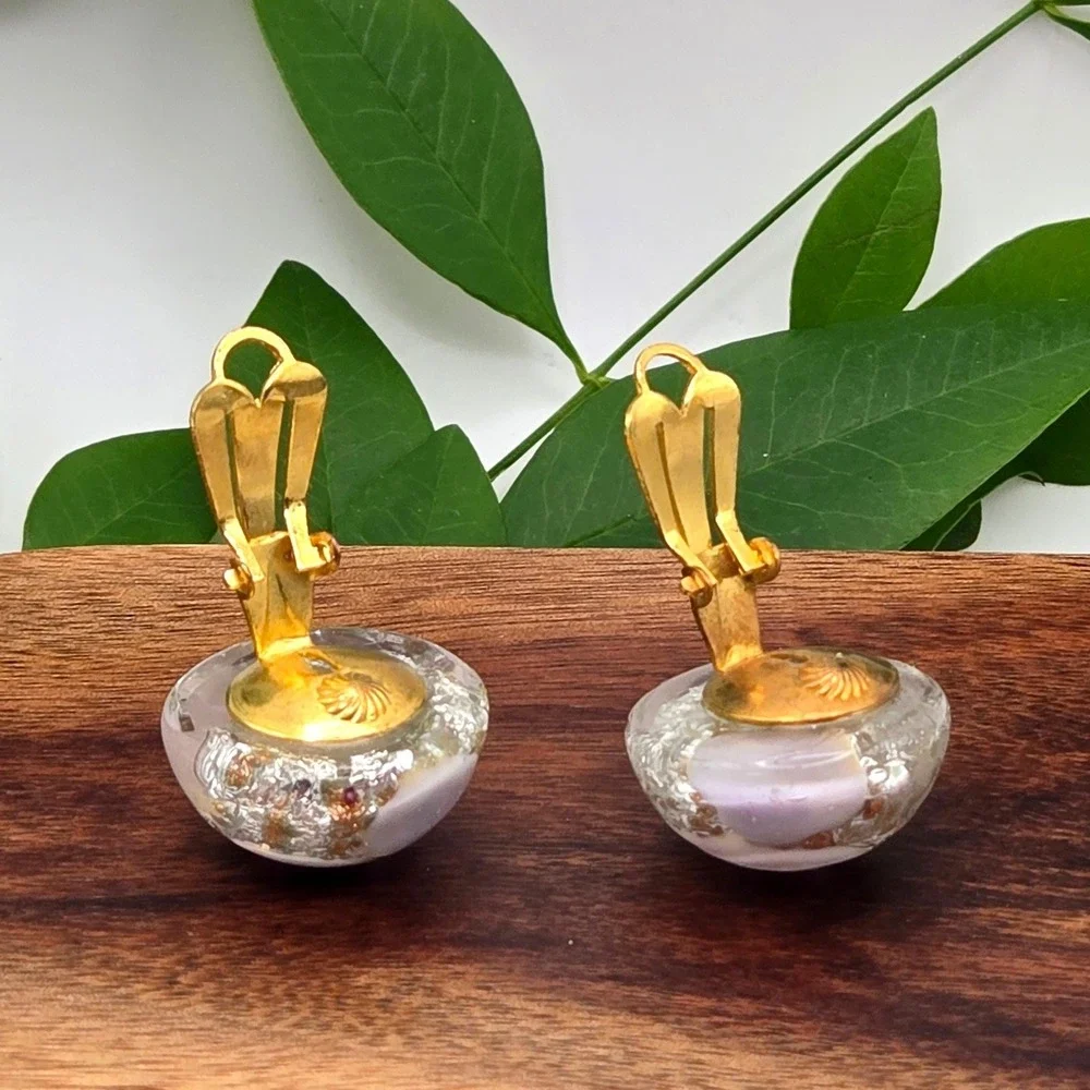 Vintage Pink‎ Glass Foil Aventurine Dome Clip On Earrings Gold Tone Mid Century